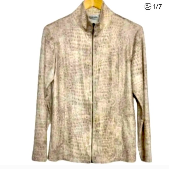 Chicos Crocodile Alligator Print Track Jacket Mock Neck Tan Full Zip EUC 2=L - Picture 1 of 7